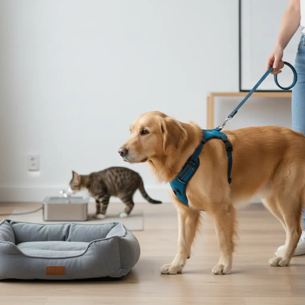 Guide de choix accessoires chien et chat : harnais confortable pour promenade avec coussin XXL chien et fontaine à eau pour chat intégrés au quotidien.