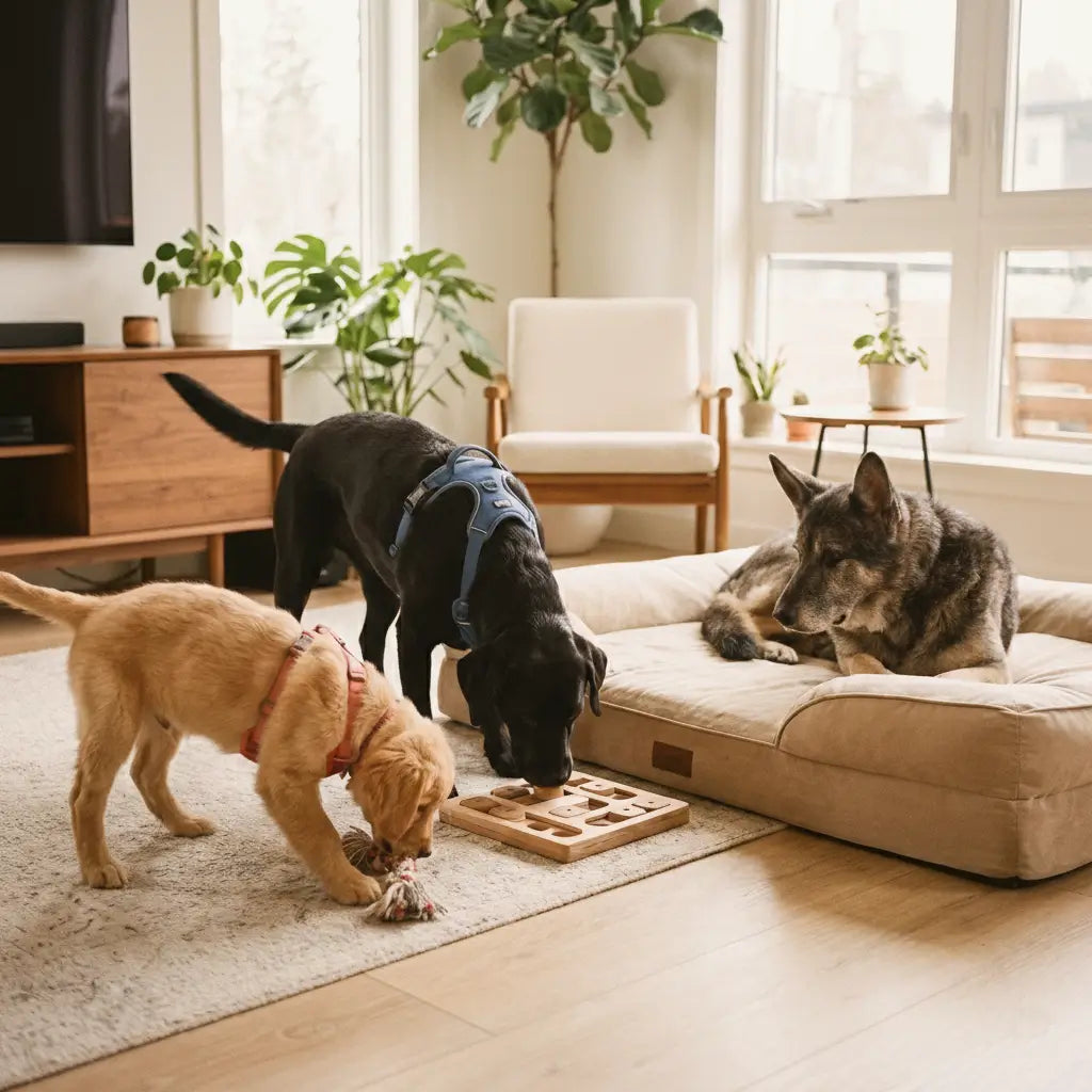 Guide de choix des accessoires pour chien selon l’âge et le gabarit : chiot, chien adulte et chien senior avec harnais, jouets et coussin XXL.