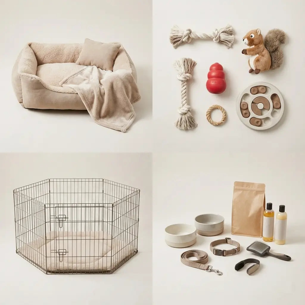 Guide visuel des accessoires pour chiot avec panier, jouets éducatifs, parc sécurisé et kit chiot complet