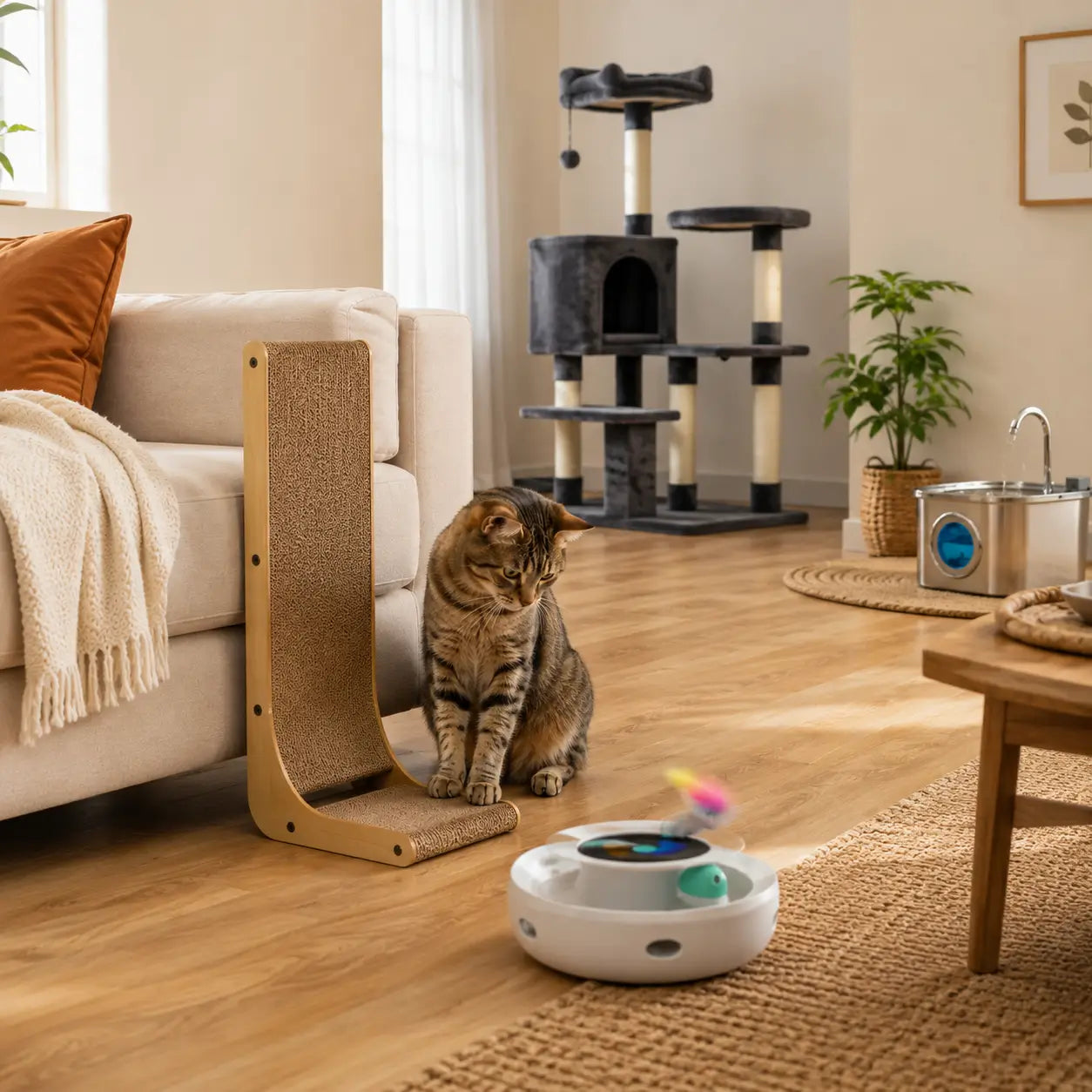 Sélection d’accessoires pour chat avec jouet interactif, fontaine à eau inox, arbre à chat et griffoir mural dans un intérieur lumineux.