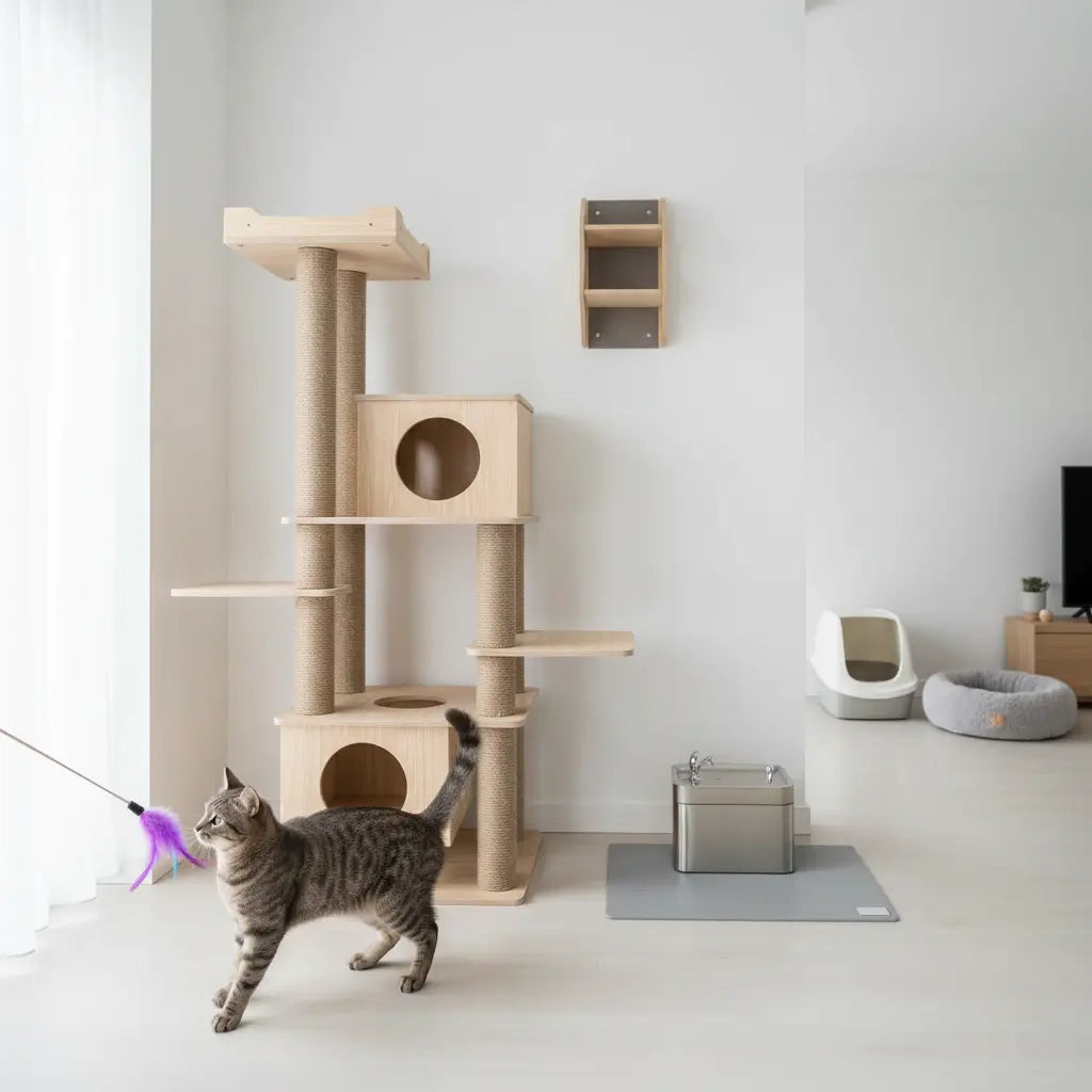 Guide de choix best-sellers chat : jouets interactifs, arbre à chat mural ou XXL et fontaine à eau inox selon le profil du chat.