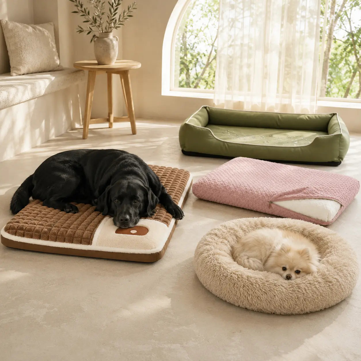Grand chien sur un coussin rectangulaire et petit chien sur un coussin rond avec housse déhoussable visible dans un intérieur lumineux.