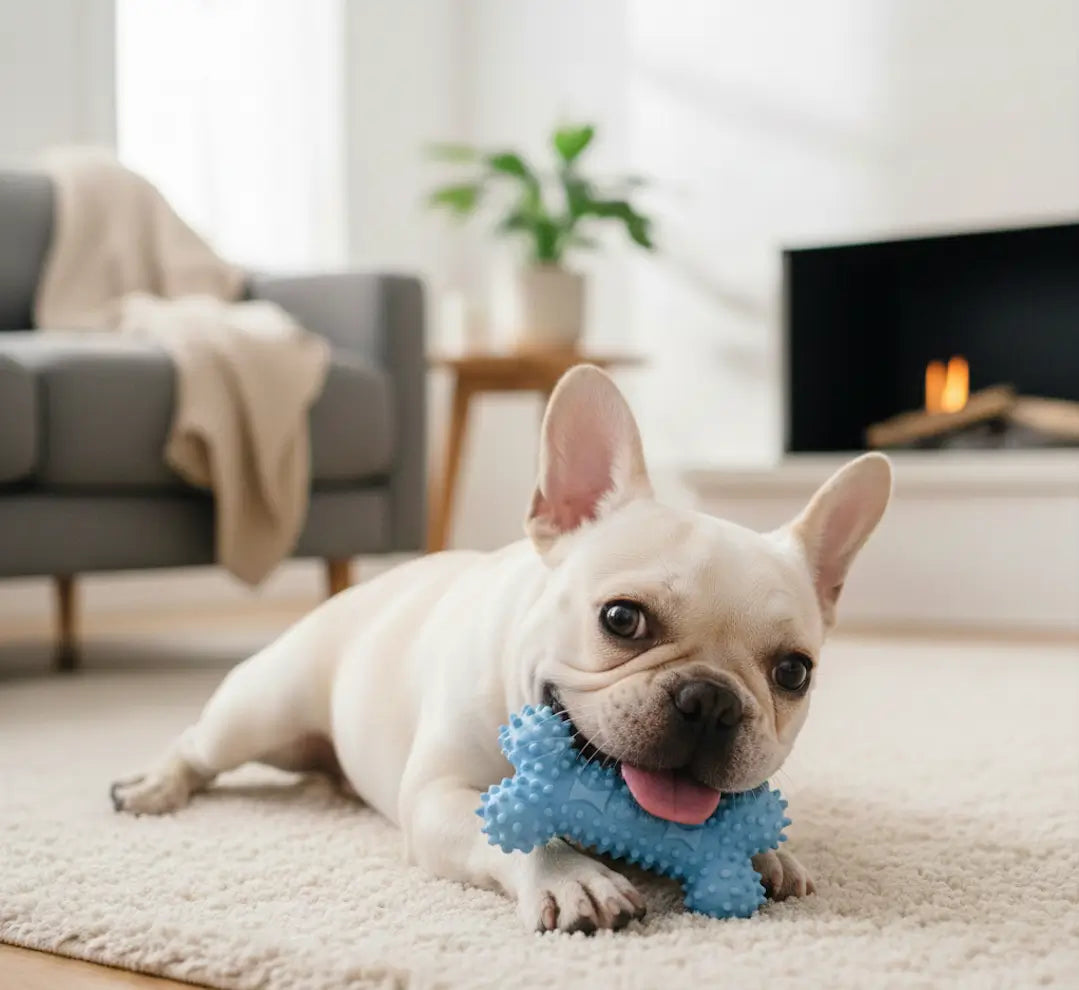 Jouet dent chien os bleu à picots mâché par un bulldog français dans un salon cosy, nettoyage dentaire naturel et massage des gencives.