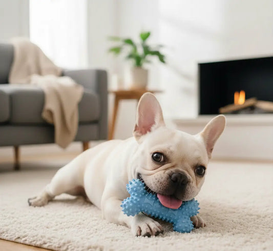 Jouet dent chien os bleu à picots mâché par un bulldog français dans un salon cosy, nettoyage dentaire naturel et massage des gencives.