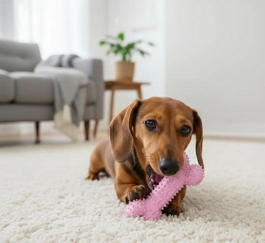 Jouet dent chien os rose à picots mâché par un teckel, jouet nettoyage dent chien pour tartre, gencives sensibles et mastication.