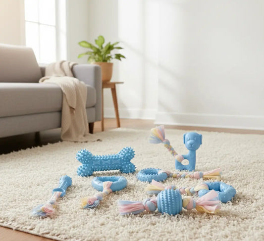 Jouet dent chien pack 7 bleu au sol dans un salon cosy, jouets à mâcher à picots pour nettoyage dentaire et gencives sensibles.