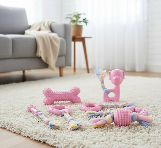 Jouet dent chien pack 7 rose dans un salon cosy, jouets dentition chiot pour nettoyage dent chien et mastication douce.