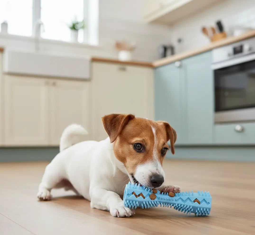Jouet dentaire chien bleu pour chiot en période de dentition, avec croquettes pour favoriser la mastication et le nettoyage des dents