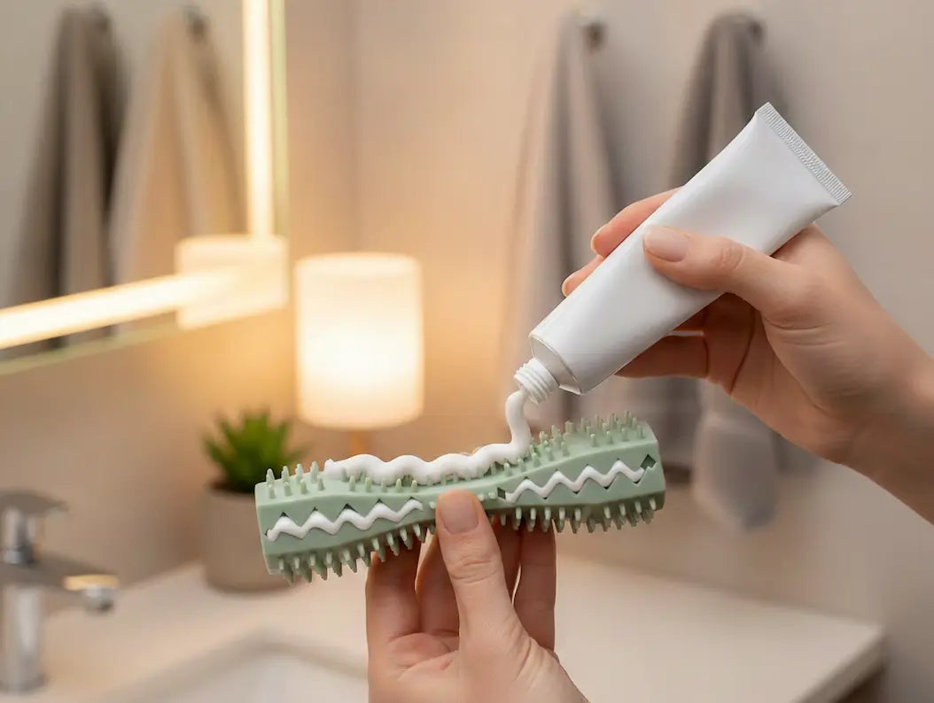 Application de dentifrice pour chien sur un jouet dentaire pour renforcer le nettoyage des dents et le massage des gencives