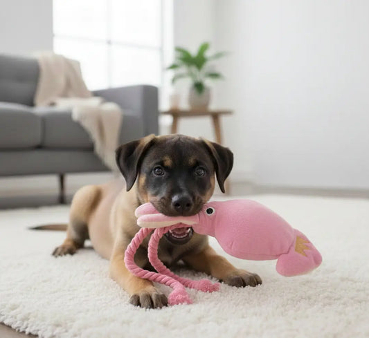 Chiot Rottweiler mordillant un jouet dentaire chien peluche en forme de poulpe, idéal pour la mastication douce, la dentition et le soulagement des gencives sensibles