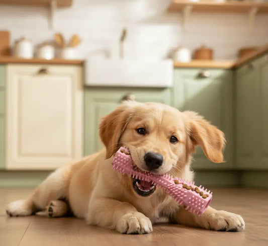 Jouet dentaire chien rose utilisé par un Golden Retriever pour mâcher, nettoyer ses dents et entretenir son hygiène dentaire dans une cuisine cosy