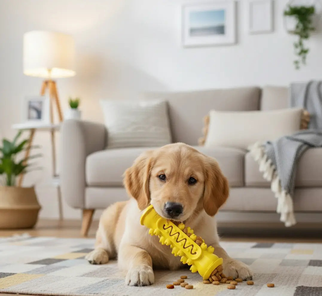 Chiot Golden utilisant un jouet dentaire chien rubber jaune rempli de croquettes, jouet caoutchouc naturel favorisant mastication lente, nettoyage des dents et stimulation mentale.
