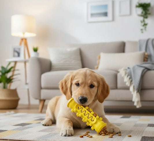 Chiot Golden utilisant un jouet dentaire chien rubber jaune rempli de croquettes, jouet caoutchouc naturel favorisant mastication lente, nettoyage des dents et stimulation mentale.