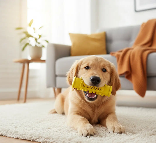 Golden adulte mâchant un jouet dentaire chien rubber jaune, conçu pour nettoyer les dents, frotter les molaires et offrir une mastication résistante en caoutchouc durable.