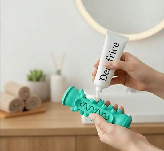 Main du maître appliquant du dentifrice pour chien sur un jouet dentaire chien rubber vert, jouet TPR et nylon conçu pour nettoyer dents, gencives et molaires en profondeur.