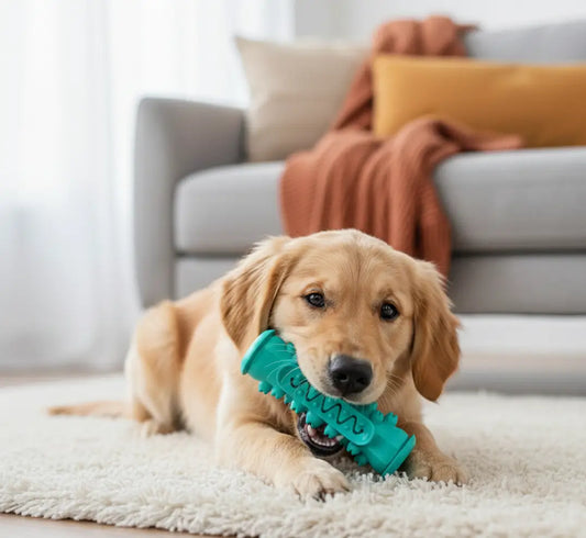 Golden qui croque un jouet dentaire chien rubber vert, jouet caoutchouc résistant avec picots pour nettoyer molaires, réduire tartre et stimuler la mastication.