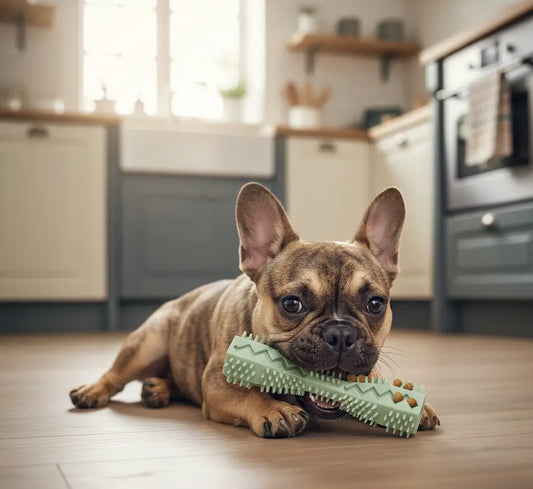 Jouet dentaire chien vert utilisé par un Bulldog Français pour mâcher, nettoyer ses dents et aider à réduire le tartre
