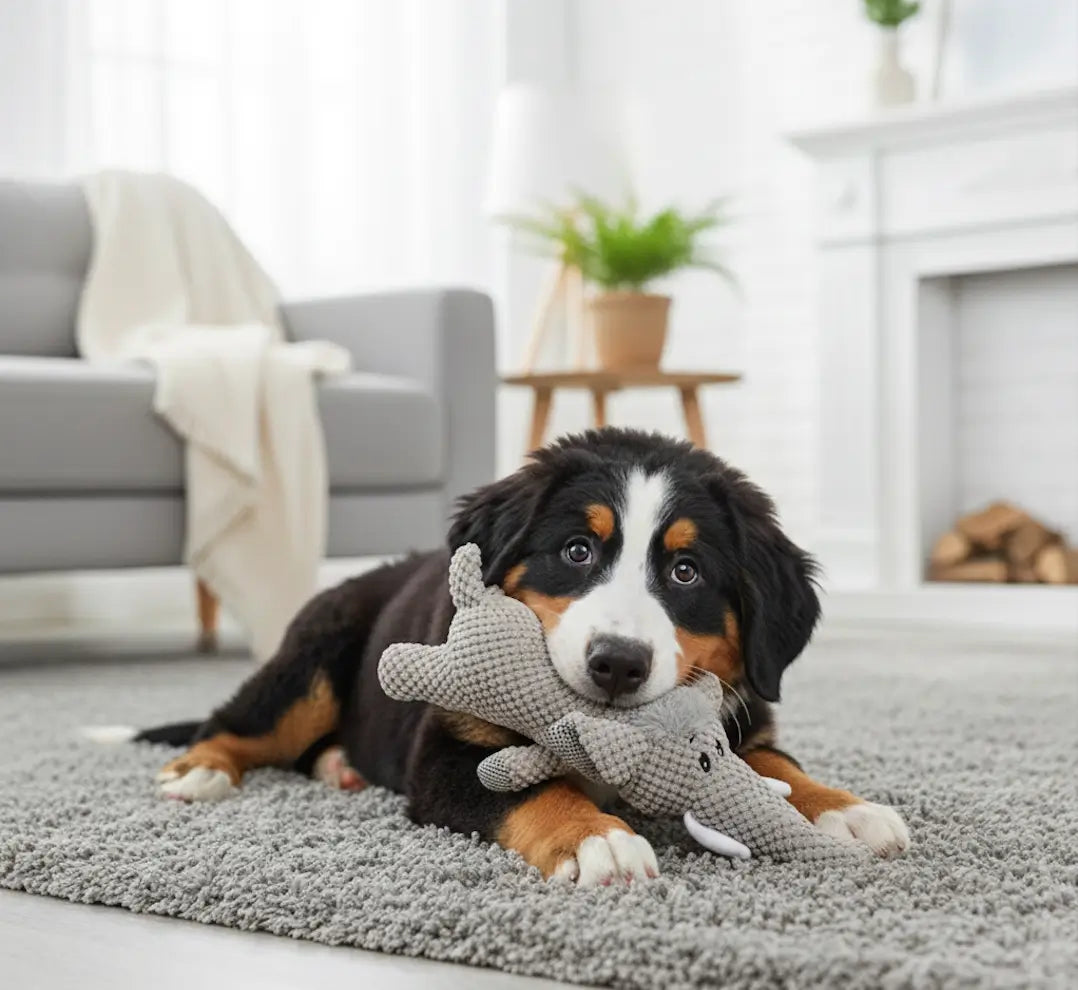 Chiot mordillant une peluche éléphant gris, jouet dentition chiot recommandé pour une mastication douce et le soulagement de la pression dentaire.