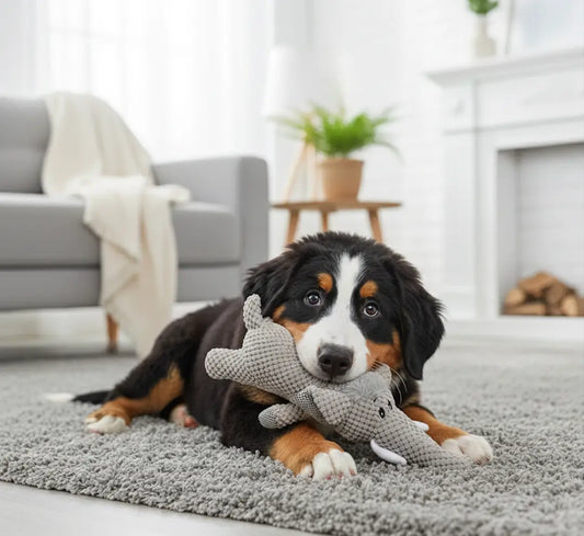 Chiot mordillant une peluche éléphant gris, jouet dentition chiot recommandé pour une mastication douce et le soulagement de la pression dentaire.