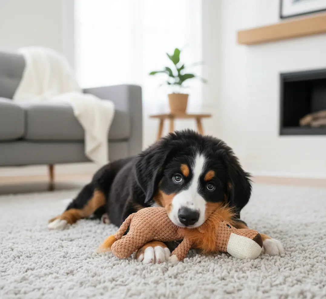 Chiot mordillant un jouet dentition chiot en forme de lion marron dans un salon cosy, parfait pour soulager la poussée dentaire et apaiser les gencives sensibles.