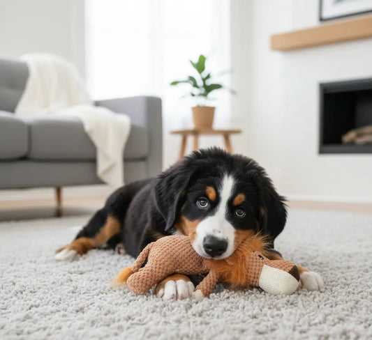 Chiot mordillant un jouet dentition chiot en forme de lion marron dans un salon cosy, parfait pour soulager la poussée dentaire et apaiser les gencives sensibles.