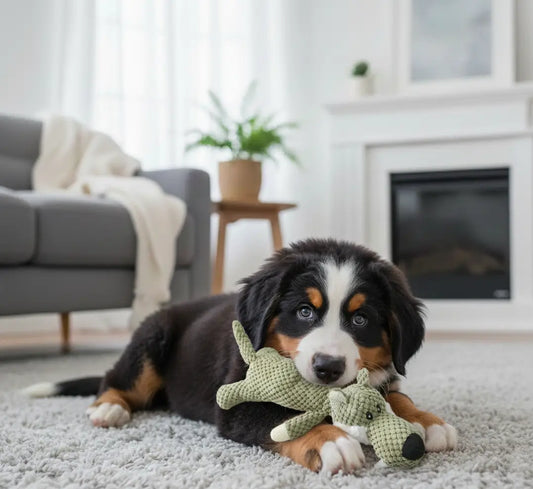 Chiot de 2–4 mois mordillant un jouet dentition chiot en peluche loup vert dans un salon cosy, idéal pour la poussée dentaire et les gencives sensibles.