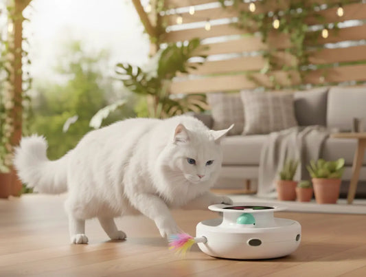 Jouet électronique pour chat interactif avec plume et balle automatiques, conçu pour les grands chats comme le Maine Coon et les chats puissants.