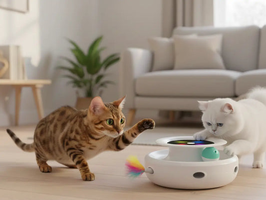 Jouet électronique pour chat avec plume automatique et balle interactive pour stimuler l’instinct de chasse du chat d’intérieur.