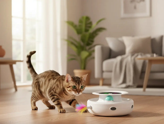 Jouet électronique pour chat avec plume automatique et balle interactive, idéal pour stimuler l’instinct de chasse d’un chat d’intérieur dans un salon cosy.