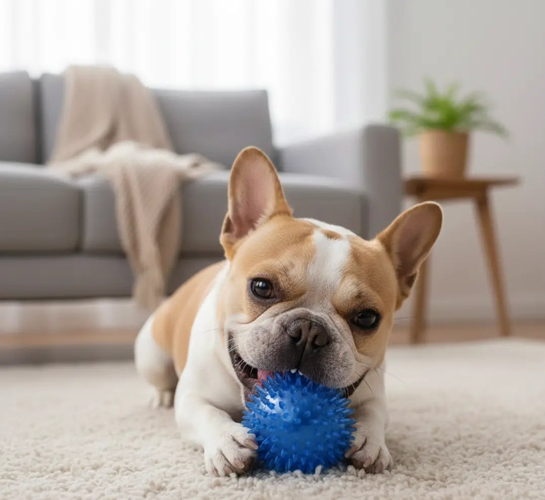 Jouet nettoyage dent chien bleu, balle à picots TPR anti tartre, idéale mâchoires puissantes de Bouledogue français et soin des gencives sensibles.