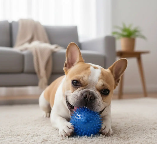 Jouet nettoyage dent chien bleu, balle à picots TPR anti tartre, idéale mâchoires puissantes de Bouledogue français et soin des gencives sensibles.