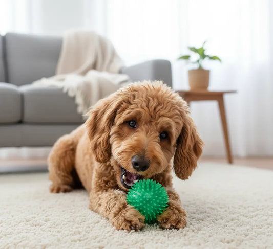 Caniche jouant avec balle jaune à picots TPR, jouet nettoyage dent chien pour hygiène dentaire, anti tartre et soin des gencives.