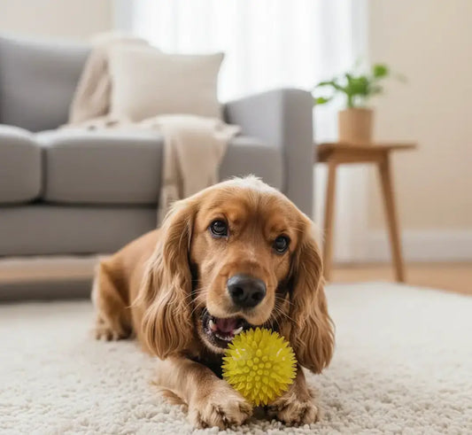 Cocker Spaniel mâchant une balle jaune TPR à picots, jouet nettoyage dent chien pour réduire la plaque et apaiser les gencives sensibles.