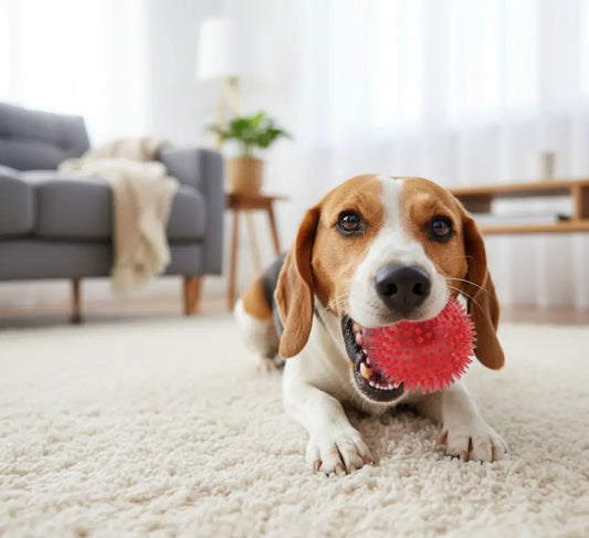 Balle rouge en TPR pour jouet nettoyage dent chien, picots anti tartre, tenue par un Beagle-Harrier pour nettoyage naturel et massage des gencives.