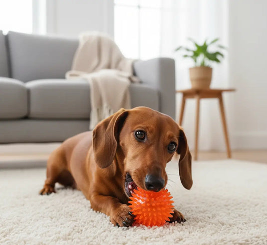Balle dentaire rouge en TPR pour nettoyage dent chien, picots pour réduire la plaque et convenir aux petites gencives sensibles du Teckel.