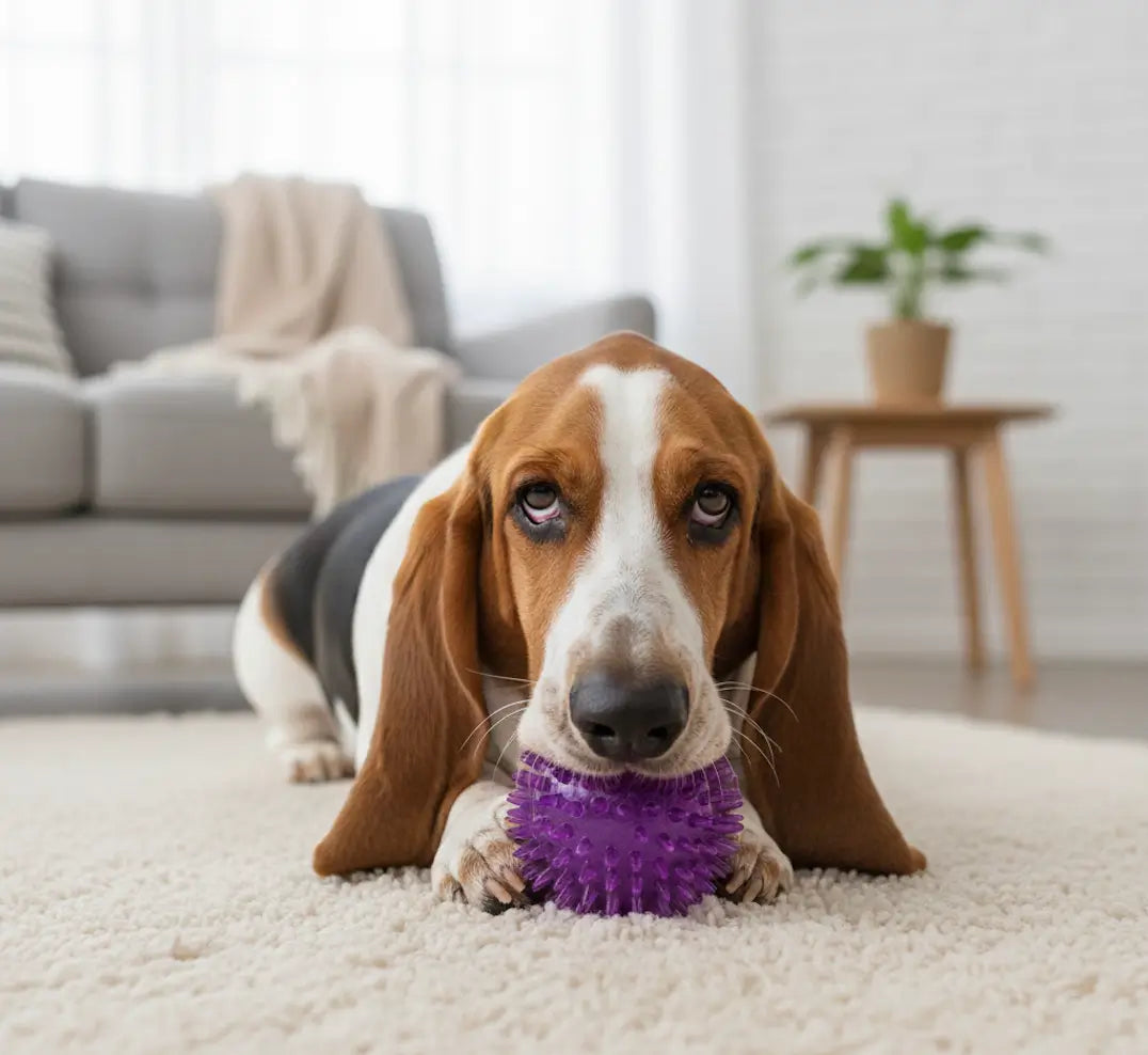 Basset Hound avec balle violette à picots TPR, jouet nettoyage dent chien anti tartre idéal pour hygiène dentaire et stimulation de la mâchoire.