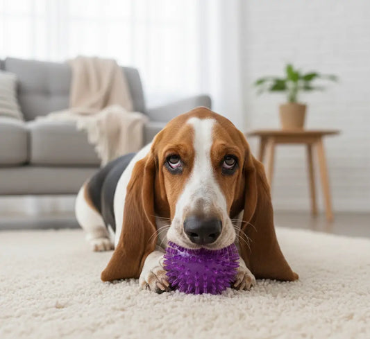 Basset Hound avec balle violette à picots TPR, jouet nettoyage dent chien anti tartre idéal pour hygiène dentaire et stimulation de la mâchoire.
