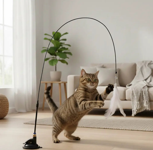 Jouet plume interactif pour chat d’intérieur avec ventouse renforcée, idéal pour occuper un chat adulte et éviter l’ennui quand il joue seul.