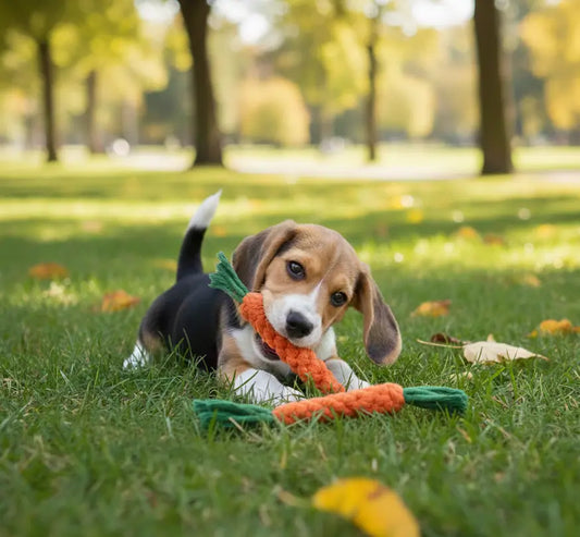 Chiot jouant dans un parc avec une carotte en corde, jouet dentition chiot parfait pour la poussée dentaire, calmer les mordillements et favoriser une mastication saine.