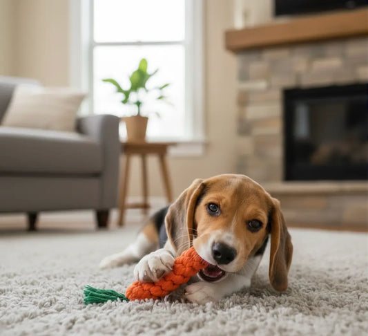 Chiot de 2–4 mois mordillant une carotte en corde dans un salon cosy, jouet pour faire les dents chiot idéal pour apaiser la poussée dentaire et les gencives sensibles.