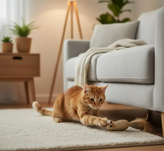Jouet souris pour chat d’intérieur activant l’instinct de chasse, avec un chat adulte roux qui poursuit et tente d’attraper une souris en sisal dans un salon cosy.