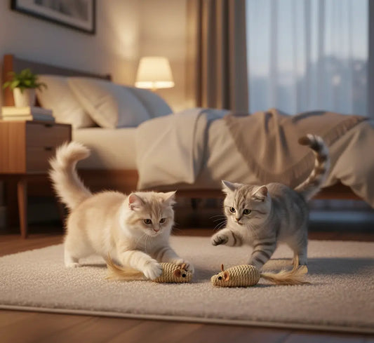 Jouet souris pour chat idéal en lot, montrant deux chats d’intérieur jouant chacun avec une souris pour satisfaire leur instinct de chasse en autonomie.
