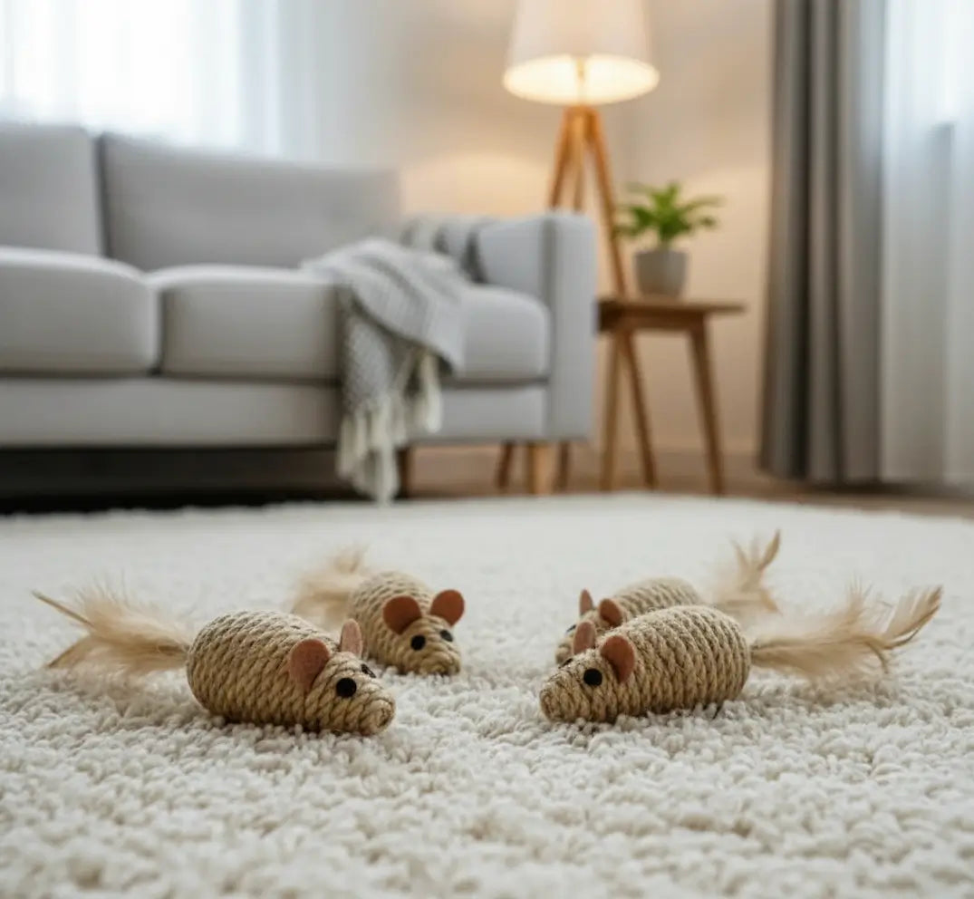 Lot de quatre jouets souris pour chat en sisal naturel, avec vue rapprochée sur la matière résistante conçue pour mordre, griffer et jouer en intérieur.