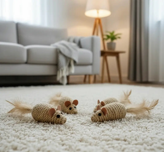 Lot de quatre jouets souris pour chat en sisal naturel, avec vue rapprochée sur la matière résistante conçue pour mordre, griffer et jouer en intérieur.