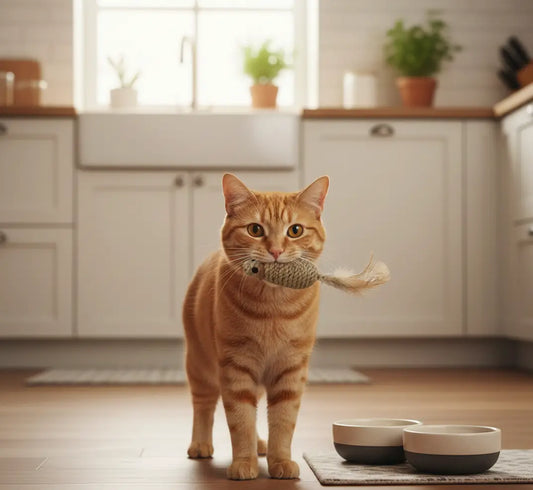 Jouet souris pour chat en peluche sisal favorisant le mordillage et la capture, avec un chat tenant fièrement sa proie après un jeu de chasse en intérieur.