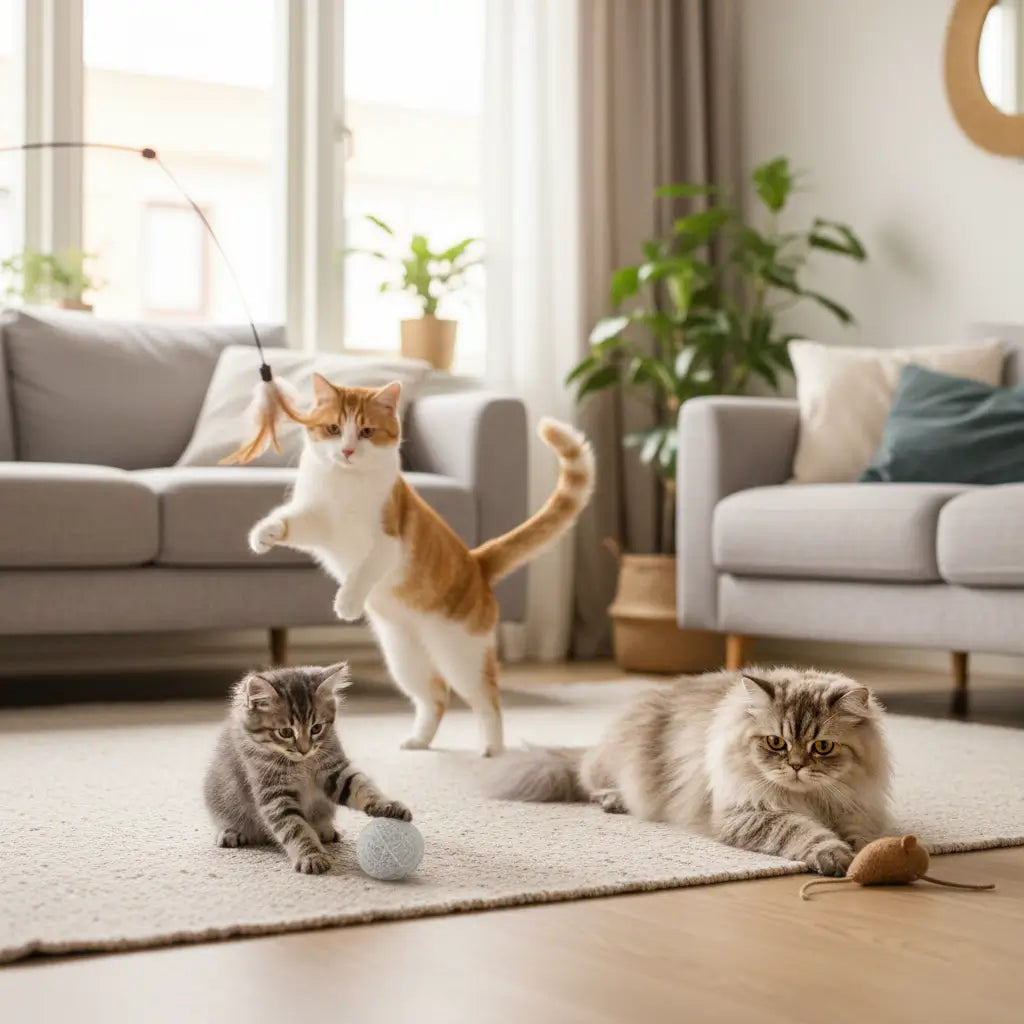 Jouets interactifs pour chats adaptés selon l’âge et le comportement : chaton, chat adulte joueur et chat senior en intérieur