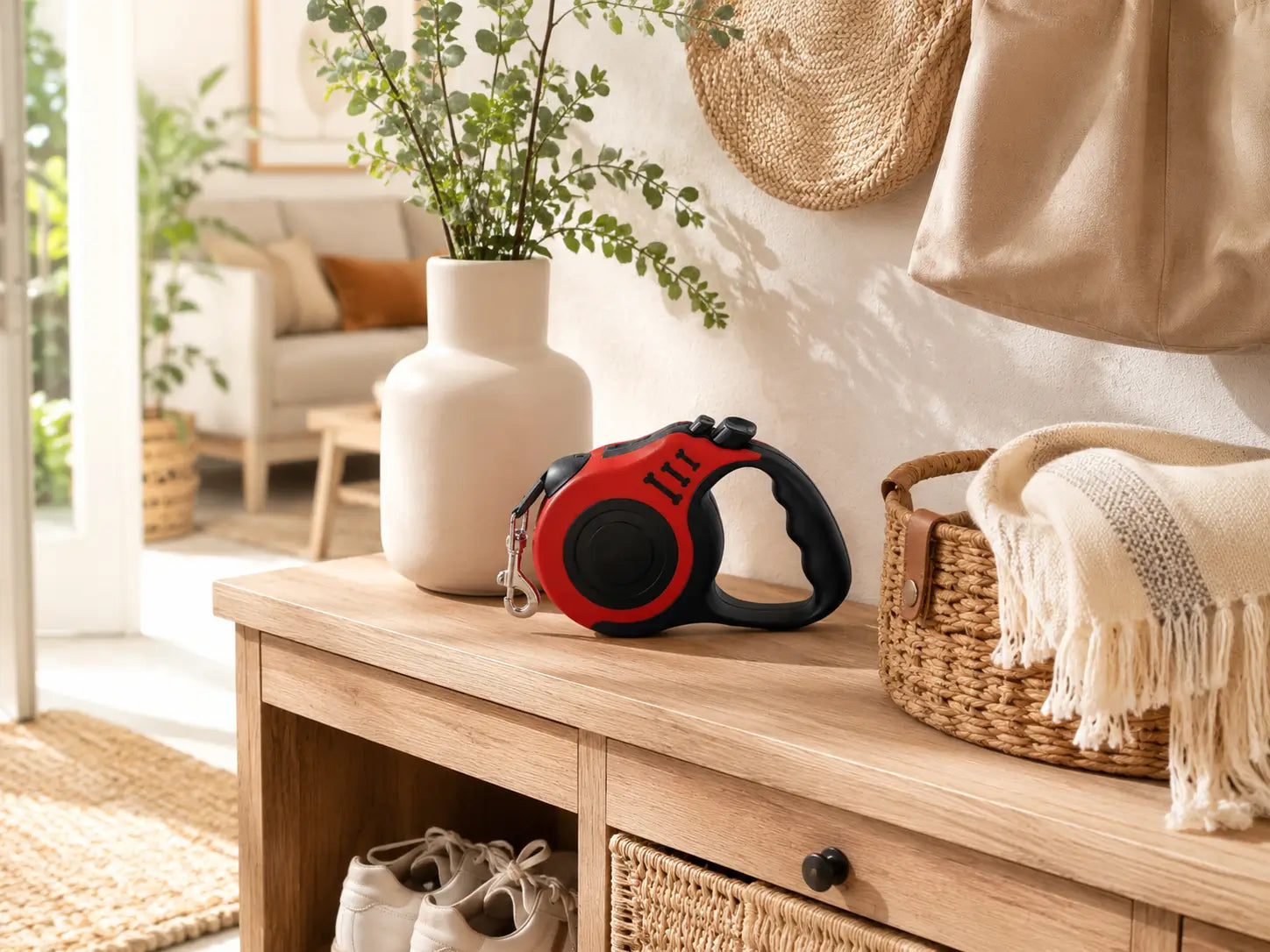Laisse automatique chien rouge rangée dans une entrée cosy et lumineuse pour garder les accessoires de promenade toujours accessibles