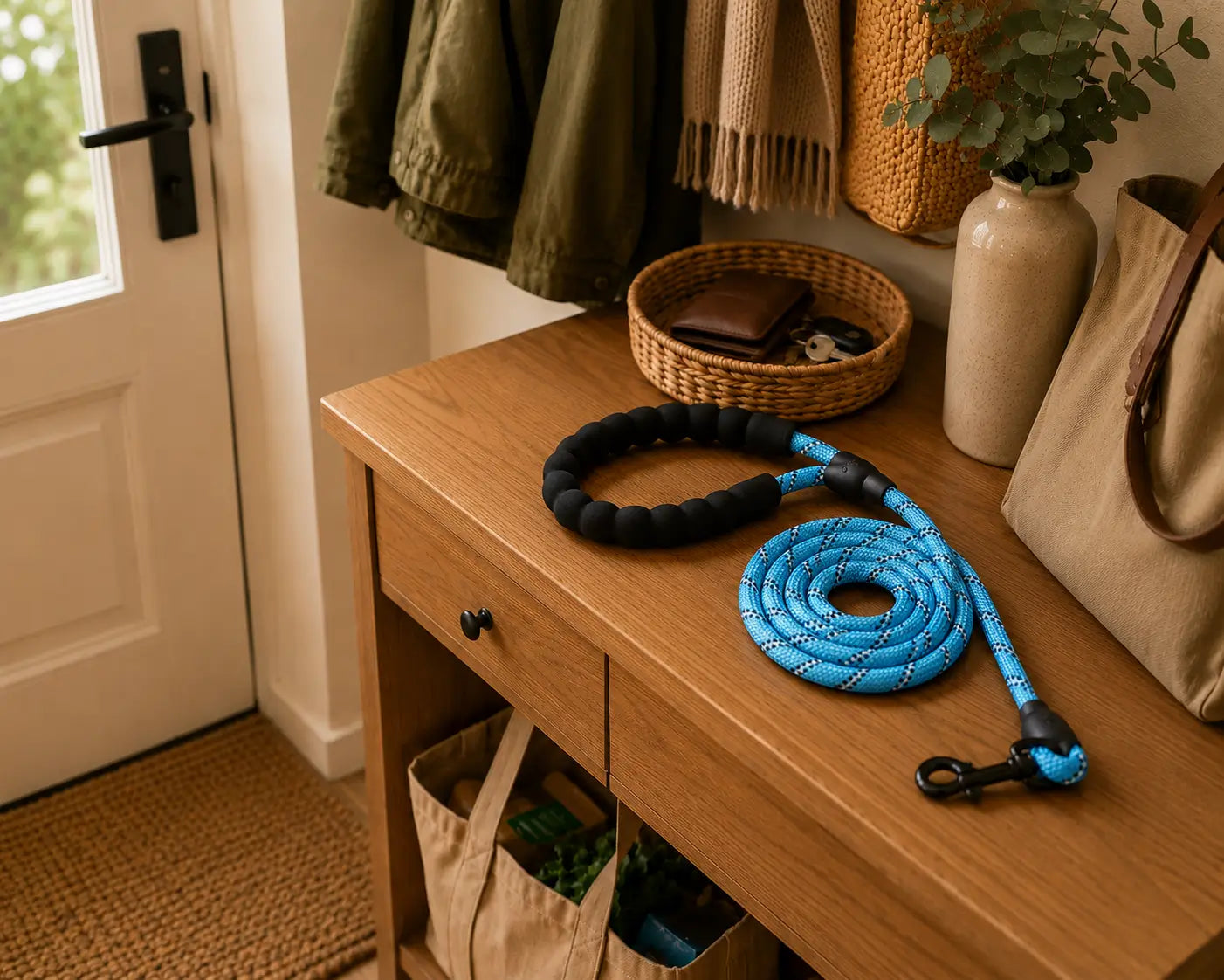Laisse bleue pour chien fabriquée en corde type escalade résistante avec poignée rembourrée ergonomique, adaptée aux promenades quotidiennes des chiens actifs et énergiques.
