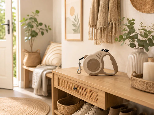 Laisse rétractable chien couleur café dans une entrée beige et naturelle avec ambiance cosy et accessoires élégants pour chien