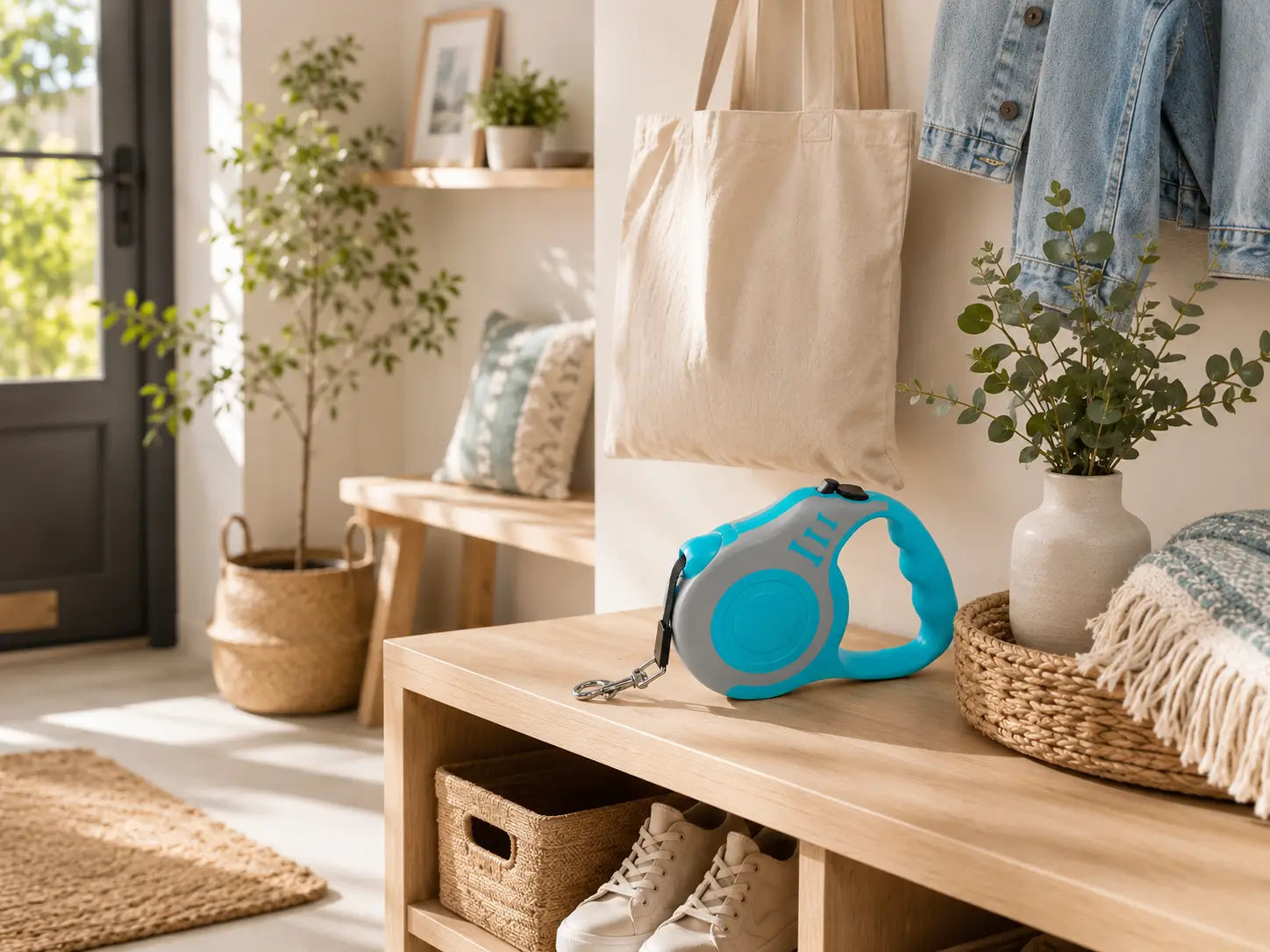 Laisse chien ergonomique bleu gris dans une entrée scandinave chaleureuse pensée pour des promenades plus agréables au quotidien
